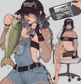 abs absurdres animal armlet bandeau barefoot baseball_cap bass_(fish) belt belt_buckle big_breasts black_eyeliner black_eyeshadow black_hair black_nails black_shorts blue_eyes blue_hair blush body_blush bracelet braid braided_ponytail breasts buckle chair choker cleavage clothes_writing controller crossed_legs denim_overalls detached_sleeves ear_piercing english_text eyeliner eyeshadow feet female female_focus fingerless_gloves fish fishing_rod fishnet_pantyhose fishnet_sleeves fishnet_top fishnets full_body game_console gaming_chair girl_who_is_obsessed_with gloves goth goth_fashion goth_girl gradient_hair gray_background gray_eyes gray_lips gray_lipstick grey_background grey_eyes grey_lips hand_on_own_knee hat highres holding holding_animal holding_controller holding_fish holding_fishing_rod jewelry large_breasts linea_alba lip_piercing lipstick long_hair looking_at_viewer makeup meme midriff multicolored_hair multiple_bracelets multiple_piercings multiple_views muscular muscular_female navel nose_piercing nose_ring obliques on_chair original overalls pantyhose piercing ponytail screen screenshot_inset sega sega_bass_fishing short_shorts shorts single_glove single_leg_pantyhose sitting solo standing steam_deck strapless studded_bracelet studded_gloves swivel_chair toned toned_female torn_clothes tube_top tubetop underboob video_game water wet women_want_me_fish_fear_me_(meme) yoracrab