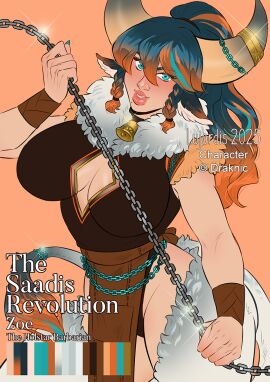 1girls animal_ears animal_tail bell big_breasts blue_eyes braid breasts chains cleavage cowbell_collar diplomacyraptor dungeons_and_dragons female horns long_hair looking_at_viewer lujordis minotaur minotaur_female pathfinder pathfinder_(oc) pinup pinup_pose ponytail saadis_revolution solo_female solo_focus tagme thighs zoe_(dracnic)