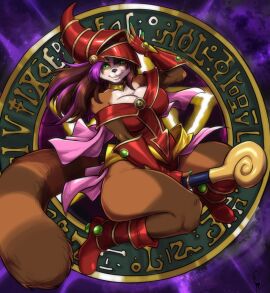 1girls alternate_color bear big_breasts blizzard_entertainment breasts brown_fur brown_hair cosplay countershading dark_magician_girl_(cosplay) female female_only fur furry green_eyes hi_res kiku_(white_knight19) konami long_hair looking_at_viewer pandaren pandaren_female purple_highlights smiling smiling_at_viewer solo tail thick_thighs turtlechan ursid warcraft world_of_warcraft yu-gi-oh!