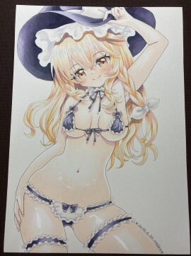 blush breasts closed_mouth contrapposto drawing female frilled_bikini hand_on_hat hand_on_thigh legs_apart marisa_kirisame medium_breasts micro_bikini mosho22 pencil_(artwork) real_life seductive smile touhou traditional_media_(artwork)