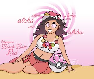 1girls absurdres alternate_hair_color beach bimbofication bracelet breasts brown_hair dnaspice dress earrings eyelashes female feminization femsub gradient_background hat lipstick love_ball nail_polish navel necklace nintendo pink_eyes pokeball pokemon pokemon_rgby pokemon_sm red_(pokemon) rule_63 smile spiral spiral_eyes tan_lines tan_skin text thighs trans_woman transfem transformation underwear