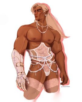 1boy activision bara big_arms big_pecs blizzard_entertainment corset earring lifeweaver lingerie lingerie_only long-haired_male long_hair male male_only muscular muscular_arms muscular_chest muscular_male muscular_thighs niran_pruksamanee overwatch overwatch_2 panties peachdaes pearl_necklace pearls stockings thick_thighs thong underwear yaoi