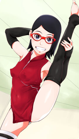 1girls arm_behind_head arm_warmers armpits bangs barefoot black_eyes black_hair blue_eyes boruto:_naruto_next_generations breasts clothing covered_erect_nipples covered_navel detached_sleeves dress erect_nipples erect_nipples_under_clothes feet female female_only flexible glasses grin high_resolution leg_up legwear looking_at_viewer naruto naruto_(series) navel nipples perky_breasts petite red-framed_eyewear sarada_uchiha short_hair sleeveless small_breasts smile solo split splits spread_legs standing standing_on_one_leg standing_split sunahara_wataru teenager thighhighs thighs toeless_legwear toes uchiha_sarada vertical_splits very_high_resolution zipper zipper_pull_tab
