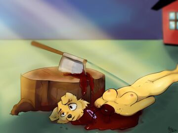 2020 anthro axe biped bird_dog blood_pool bodily_fluids breasts building canid canine canis collar corpse death domestic_dog eyebrows female female_death female_only fur genitals golden_retriever gore grass guro hands_behind_back house hunting_dog lump lying mammal medium_breasts mrs._stein nipples nude_anthro on_back plant pussy raised_inner_eyebrows retriever severed_head signature solo story story_in_description tears yellow_body yellow_fur