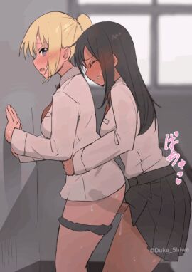 1futa 1girls animated blonde_hair blush blushing bottomless dark-skinned_futa dark_skin duke_shiwa female futa_on_female futanari genital_fluids intersex penis pussy shiwa_kou steamy_breath sweat vaginal