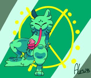 anthro autoblowjob autofellatio balls blowjob closed_eyes ears ears_up feet fellatio fur furry furry_only furry_tail green_body green_fur green_hair long_tongue male penis prehensile prehensile_tongue rain_world saint_(rain_world) slugcat tagme tail testicles tongue tongue_out tonguejob