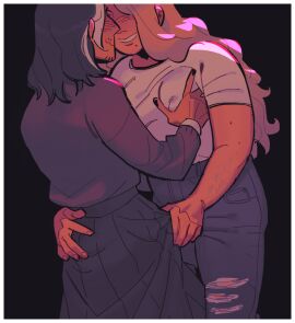 1futa 1girls arm_hair ass big_breasts black_hair black_nails blush body_hair breasts erection erection_under_clothes facial_hair female fondling fondling_breast fully_clothed futa_on_female futanari hand_on_ass hand_on_bulge intersex intimate izviiini jeans kotya_(izviiini) long_hair nipple_bulge nipples_visible_through_clothing nonbinary original original_character ripped_clothing romantic sasha_(izviiini) smile trans_woman transfem white_highlights white_shirt