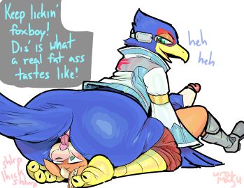 2boys anal anthro anus ass avian balls beak big_ass big_butt biped bird blue_body blue_skin blue_tail blue_text canid canine dialogue duo erection exclamation_point facesitting falco_lombardi fox fox_mccloud genitals glans green_eyes huge_ass huge_butt humanoid_genitalia humanoid_penis licking licking_anus licking_ass looking_back male male/male male_focus male_only mammal nintendo open_mouth oral penis pupils rear_view rimming sex sitting_on_another star_fox tail teal_eyes text tongue tongue_out uromatsu