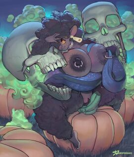 anthro big_breasts black_fur black_hair black_sheep black_wool breasts dark-skinned_female dark_skin ewe female furry ghost grinding halloween kaia_(sheepuppy) long_hair nipple_piercing nipples nude pierced_nipples piercing pumpkin sheep sheepuppy sitting sitting_on_pumpkin skull