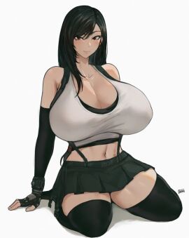 blush breasts female final_fantasy final_fantasy_vii huge_breasts hyper_breasts rock sitting sitting_on_knees tifa_lockhart