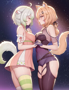 2girls ahoge animal_ear_fluff animal_ears ass bangs bare_arms bare_shoulders black_choker black_legwear blonde_hair blush breasts cheeks choker cleavage closed_eyes closed_mouth clothing constellation covered_navel crescent_moon dog_tail dress eye_contact eyebrows_visible_through_hair face-to-face face_markings female fox_tail from_side garter_straps gloves green_eyes green_hair hair_between_eyes hair_ornament hairclip halterneck holding_hands indie_virtual_youtuber interlocked_fingers kemonomimi laimu large_breasts long_hair looking_at_another medium_breasts moon multiple_females multiple_girls night night_sky pink_dress planet profile purple_dress raccoon_tail red_eyes secon shooting_star short_dress short_hair skindentation sky sleeveless sleeveless_dress smile space squchan_(vtuber) standing star_(sky) star_(symbol) starry_background starry_sky starry_sky_print strapless strapless_dress striped tail thighhighs thighs virtual_youtuber vyugen wolf_girl yellow_eyes yuri