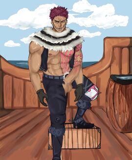 bara big_breasts big_penis boat breasts charlotte_katakuri gay male male_only muscular muscular_chest muscular_male one_piece penis pink_tip red_hair ship tattoos yaoi