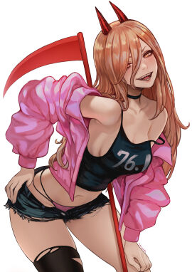 1girls absurdres alternate_breast_size alternate_costume black_choker black_thighhighs blonde_hair breasts camisole chainsaw_man choker crop_top demon demon_girl demon_horns female gyaru hand_on_own_hip hand_on_own_knee highres holding holding_scythe horns jacket jacket_partially_removed leaning leaning_forward long_hair long_sleeves looking_at_viewer magion02 medium_breasts micro_shorts midriff navel non-web_source off_shoulder open_mouth panties pink_jacket pink_panties power_(chainsaw_man) red_horns scythe sharp_teeth shorts simple_background single_thighhigh smile solo stomach strap_slip tank_top teeth thighhighs thighs torn_clothes torn_thighhighs underwear v-shaped_eyebrows watermark web_address white_background yellow_eyes