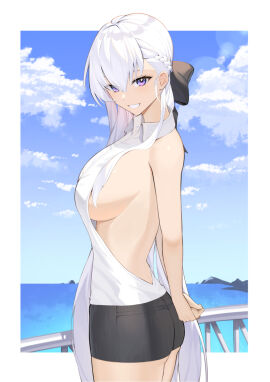 alternate_costume arms_behind_back azur_lane backless_shirt bare_armpits bare_arms bare_back bare_hands bare_shoulders bare_skin bare_thighs belfast_(azur_lane) black_bow black_shorts blue_background blue_sky border bow braid braided_hair breasts cloud clouds collared_shirt cowboy_shot crown_braid day daytime exposed_thighs female from_side grin hair_between_eyes hairbow hands_behind_back large_breasts long_hair looking_at_viewer looking_to_the_side lordol outdoors outside outside_border own_hands_together purple-eyed_female purple_eyes shirt short_shorts shorts sideboob sideless_shirt simple_background sky sleeveless sleeveless_shirt slender_body slender_waist slim_female slim_waist smile smiley_face smiling_at_viewer solo standing thin_waist very_long_hair water white-haired_female white_background white_border white_eyebrows white_hair white_shirt