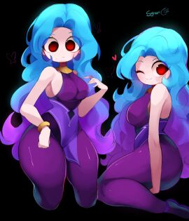 ass big_ass blue_hair blush bodysuit bracelet breasts colored_sketch cute female gazericc gold_jewelry gradient_hair hearts_around_head light-skinned_female light_skin long_hair medium_breasts original_character purple_bodysuit purple_hair red_eyes rox_hoxten simple_background synari_(rox_hoxten) thick_thighs wavy_hair wholesome