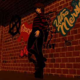 annoyed annoyed_expression blender_cycles bored_expression demonias exhibition exhibitionism exhibitionist femboy fluffy_hair grabbing_ass grabbing_from_behind grabbing_own_ass graffiti graffiti_on_wall leather_pants mad mean morgundy_(artist) morgundy_(morgundy) original_character pinup platform_boots platform_footwear platform_heels platform_shoes plump_ass striped_sweater