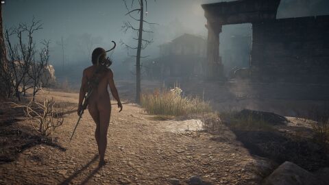 1girls 3d artistic_nude ass assassin's_creed_(series) assassin's_creed_odyssey avalorne bow casual completely_nude female female_only female_protagonist human kassandra_(assassin's_creed) mod nude nude_edit nude_female nude_filter nude_mod nudist pale_skin screenshot solo solo_female sword tactical_nudity weapon