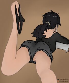 2d 2d_(artwork) 2d_artwork ashley_graves ass big_ass big_butt black_hair black_shirt black_short_shorts black_shorts bra_strap brown_background clothed color colored feet female hair_tie hair_tied_back hotpants large_ass large_butt laying_down laying_on_ground laying_on_stomach legs_apart limitless_pixels long_sleeves looking_away lying_down lying_on_ground lying_on_stomach on_ground on_stomach one_leg_up panties panties_off panties_on_foot panties_removed patreon_username pillow_grab ponytail pussy pussy_exposed pussy_juice pussy_juice_drip pussy_peek pussy_slip shiny_hair shirt short_shorts shorts shorts_aside the_coffin_of_andy_and_leyley thick_thighs tied_hair toes twitter_username uncensored uncensored_pussy uncensored_vagina upshorts vulva wet_pussy
