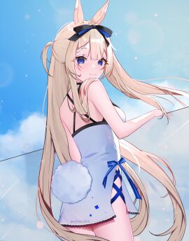 1girls animal_ears ass bangs bare_arms bare_shoulders blonde_hair blue_bikini blue_dress blue_eyes blue_sky blush bow breasts bunny_ears bunny_girl bunny_tail choker closed_mouth cloud cowboy_shot day dress eyebrows_visible_through_hair female hair_bow hair_ornament hair_ribbon lens_flare long_hair looking_at_viewer looking_back outdoors ribbon see-through sky sleeveless_dress smile solo standing striped sun sunlight tail thigh_strap very_long_hair virtual_youtuber vyugen yenko