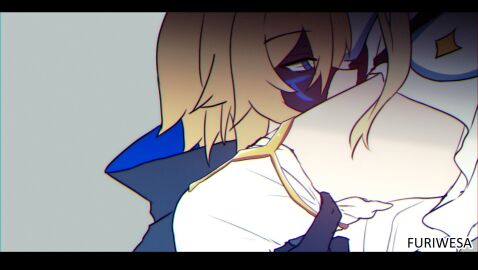 1boy 1girls blonde-haired_male blonde_hair cunnilingus dainsleif_(genshin_impact) female furiwesa genshin_impact head_between_thighs implied_oral lumine_(genshin_impact) male male/female oral straight