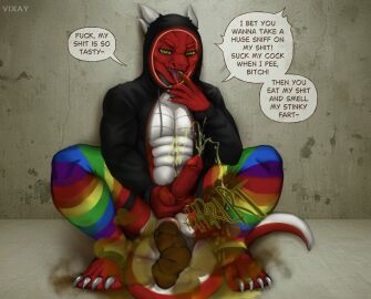 absurd_res anthro bodily_fluids clothing dragon eating_feces fart fart_cloud fart_fetish feces feces_in_mouth genital_fluids hi_res legwear male mythological_creature mythological_scalie mythology scalie scatplay solo solo_focus speech_bubble stockings urine vixay watersports