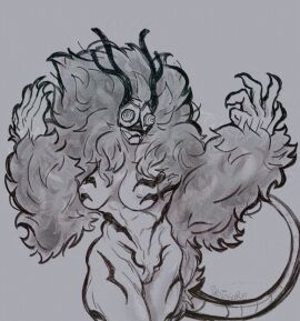 agito_(jujutsu_kaisen) breasts female horns jujutsu_kaisen long_hair monochrome muscular muscular_female naked naked_female nude nude_female tattoo