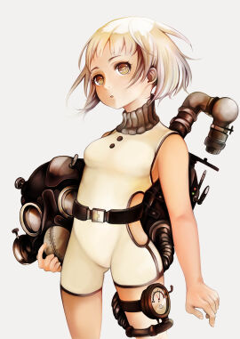 1girls absurdres bad_id bad_pixiv_id belt bodysuit breasts cotton_(shikiori) cowboy_shot diving_helmet female gas_mask gauge higan_yuu highres mask original petite photoshop_(medium) short_hair simple_background skinny small_breasts solo standing steampunk white_background