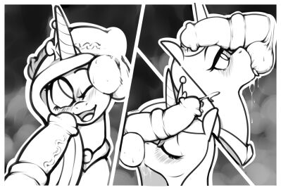 2016 alicorn animal_genitalia animal_penis balls balls_sucking crown equid equine equine_genitalia equine_penis female feral friendship_is_magic genitals grispinne hasbro horn horse horsecock male mammal monochrome multicolored_hair my_little_pony mythological_equine mythology penis pony princess_cadance_(mlp) royalty sucking