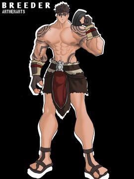 1boy artherarts barbarian belt belt_buckle bjorn_yandel black_background blue-eyed_male blue_eyes breeder breeding_kink brown-haired_male brown_hair brown_nipples english_text gauntlets hammer human impregnation_kink loincloth male muscular muscular_male partially_clothed partially_clothed_male partially_nude partially_nude_male sandals sfw sfw_version solo solo_male surviving_the_game_as_a_barbarian tattoed_arms tattoo tattoo_on_arm tattoo_on_arms tattoo_on_hips tattoo_on_shoulder tattooed_arm tattoos viking watermark white_outline