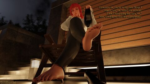 1girls 3d blender chainsaw_man crossed_legs dominant_female domination female female_only femdom femdom_caption foot_fetish foot_focus foot_worship golddust3d holding_shoes looking_at_viewer makima_(chainsaw_man) red_hair shoes_removed soles speech_bubble text toes viewed_from_below