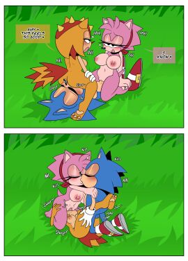 2girls1boy amy_rose anthro blue_fur classic_amy_rose classic_sonic comic comic_page facesitting female furry hedgehog ninotrash pink_body pink_fur pink_hair pussy reptile sonic_(series) sonic_the_hedgehog sonic_the_hedgehog_(series) sungazer_(lizard) trip_the_sungazer vaginal_penetration