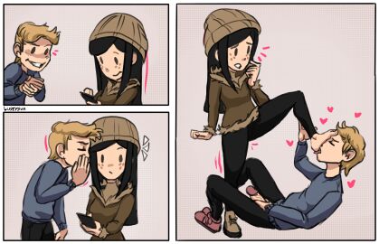 1boy 1girls black_hair feet feet_on_face female foot_fetish foot_lick foot_play foot_worship freckles freckles_on_face leggings long_hair looking_down luana_(lustysun) lustysun male masturbation meme original_character pants phone standing surprised tagme winter_clothes