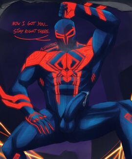 acekhoexo armpits arms_up balls bara blue_penis boner breath breath_cloud costume erection erection_under_clothes faceless_male inviting_to_sex looking_at_viewer looking_down male male_only marvel marvel_comics mask masked masked_male miguel_o'hara muscles muscular muscular_male pecs penis precum precum_drip red_markings solo solo_male speech_bubble spider-man spider-man:_across_the_spider-verse spider-man:_into_the_spider-verse spider-man_(series) spider-man_2099 superhero_costume yaoi