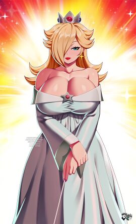 1girls big_breasts blonde_hair blue_eyes breasts cleavage crown dress female female_only hair_over_one_eye hi_res jadenkaiba long_hair looking_at_viewer mario_(series) nintendo princess_rosalina princess_rosalina_(movie) red_lipstick smiling smiling_at_viewer solo super_mario_galaxy super_mario_galaxy_(2026_film)