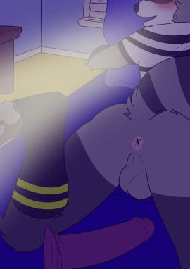 ass balls bed blue_bedsheet blue_pillow blush dildo grey_fur ice01932475 male male_only penis piggy:_book_2 piggy_(game) raccoon rash_(piggy) roblox shading solo stockings striped_shirt tail