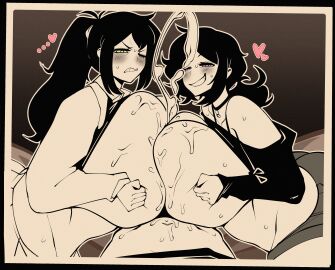 1boy 2girls artist_request breasts cleavage double_paizuri huge_breasts large_breasts paizuri