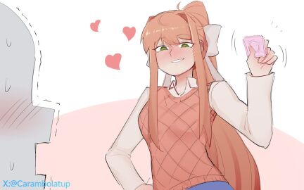 1girls 5_fingers blush blush_lines blushing carambolatup condom condom_packet_strip condom_wrapper doki_doki_literature_club faceless_male female female_focus green_eyes heart hearts holding_condom imminent_sex long_hair male monika_(doki_doki_literature_club) motion_lines skirt suggestive