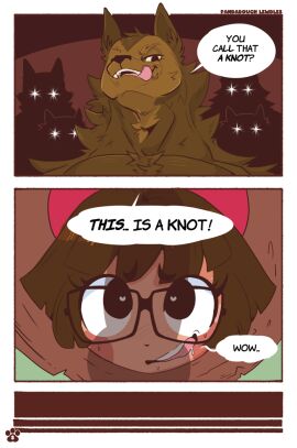 bodily_fluids brown_body brown_fur brown_hair canid canine canine_teeth close-up comic dialogue drooling eyewear female fur glasses hair heart_pupils human licking licking_lips mammal mythological_canine mythological_creature mythology pandadough pandadough_lewdles saliva speech_bubble tongue were werecanid werecanine werewolf