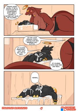 after_sex big_breasts bikini bodily_fluids breasts clothed clothing comic cum cum_everywhere female genital_fluids goopyarts haven_(goopyarts) hi_res huge_breasts hyper hyper_breasts kobold lectora_(goopyarts) macro messy nude scalie size_difference swimwear