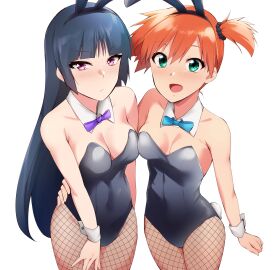 2d 2girls animal_ears animal_tail asymmetrical_hair bangs bare_shoulders black_footwear black_hair black_leotard blue_bow blue_hair blush bowtie bowtie_collar breast_press bunny_ears bunny_tail bunnysuit clavicle cleavage clothed clothed_female clothing color cowboy_shot detached_collar duo fake_animal_ears female female_only fishnet_legwear fishnet_pantyhose fishnets footwear full_body full_color green_eyes gym_leader hair_tie hairband headwear high_resolution human jpeg kaiga kasumi_(pokemon) large_breasts legwear leotard long_hair looking_at_viewer medium_breasts multiple_girls neckwear non-nude open_mouth orange_hair pantyhose playboy_bunny pokemon ponytail purple_bow purple_bowtie purple_eyes purple_neckwear red_eyes red_hairband sabrina_(pokemon) shiny shiny_clothes shiny_legwear short_hair side_ponytail simple_background smile strapless strapless_leotard striped striped_leotard tail tied_hair white_background wrist_cuffs