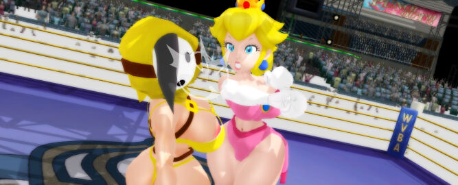 2girls 3d arena areola areola_slip areolae areolae_slip ass big_ass big_butt big_thighs black_hair blonde_hair blue_eyes boxing boxing_gloves boxing_ring catfight cleavage doyle44 duo elbow_boxing_gloves elbow_gloves fat_ass female female_focus female_only fight fighting fighting_ring gloves huge_ass large_ass long_hair mario_(series) mask nintendo princess_peach punch punching_face ryona shy_gal shy_gal_yellow thick thick_ass thick_thighs thighs white_boxing_gloves white_gloves wide_hips yellow_boxing_gloves yellow_gloves