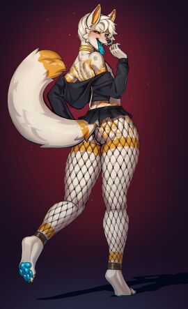 absurd_res anthro anubian_jackal bottomwear canid canine canis clothing collar crop_top fishnet_clothing fishnet_legwear hi_res jackal jaki_(jaki0284) legwear looking_at_viewer looking_back male mammal miniskirt nipples paws romarom shirt skirt solo tattoo tongue tongue_out topwear