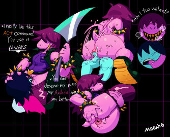 1boy 1girls anal anal_sex anus ass asshole big_ass cowgirl_position cum cum_in_ass cum_inside deltarune dripping eating eating_pussy english_text female hairy_pussy huff inviting inviting_to_sex kris_(deltarune) lilmoonie male pubic_hair pussy question_mark spread_anus spread_ass spreading spreading_ass susie_(deltarune) sweat text watermark