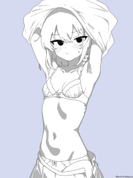 2girls artist_name barefoot breasts collarbone commentary completely_nude covering_privates english_commentary english_text female female_pubic_hair full_body grin groin hair_between_eyes hair_bun hands_on_own_hips highres holding holding_towel long_hair multiple_females multiple_girls navel nipples nude original pubic_hair simple_background single_side_bun small_breasts smile soulfull_sequoia speech_bubble standing towel twitter_username