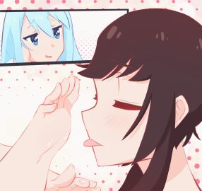 2girls animated aqua_(konosuba) black_hair blue_eyes blue_hair blush feet female female_only foot_fetish foot_focus foot_worship kono_subarashii_sekai_ni_shukufuku_wo! licking licking_foot long_hair megumin multiple_females multiple_girls short_hair soles toenails toes tongue tongue_out yuiyuihibana yuri