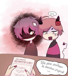 2femboys angry black_clothing comic_page cursor emo femboy horns incubus male_pregnancy pink_eyes pregnancy red_nails text_bubble twink x_hair_ornament yaoi