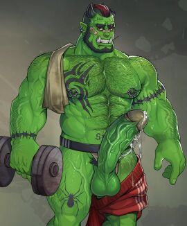 1boy balls bara beard big_balls big_penis blueglueclue body_hair completely_nude erection facial_hair gay green-skinned_male green_body green_skin hairy hairy_arms hairy_chest hairy_male hard_on huge_balls huge_cock jockstrap leg_hair looking_at_viewer male male_focus male_nipples male_only male_pubic_hair masculine_male muscular muscular_chest muscular_male nipple_piercing nipples nude nude_male orc orc_male penis piercing pointy_ears precum precum_drip pubic_hair solo solo_male sweat sweating teeth teeth_visible tusks underwear varik_(ghangaji) yaoi