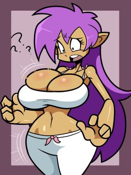 1girls alternate_breast_size breast_expansion breast_growth breast_growth_(enlargement) breasts expansion female female_only hair_down hourglass_figure juramg pants purple_hair shantae shantae_(character) solo surprised_expression tank_top thigh_expansion thighs tight_clothing white_clothing