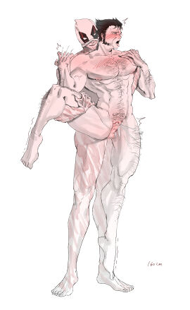 1cuntboy 2boys blush boner clitoris cuntboy cuntboy/male deadpool erection gay hairy holding_leg intersex james_howlett logan_(x-men) male male_only marvel marvel_comics mask monochrome muscular muscular_male nipples nude pectorals penis pussy sex standing standing_sex talkold2 tongue tongue_out vaginal_penetration wade_wilson wolverine_(x-men) x-men yaoi