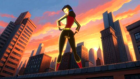 1girls ass big_ass black_hair bodysuit city_background curvy curvy_female female female_only fully_clothed hand_on_ass hand_on_hip human human_only jessica_drew light-skinned_female light_skin lower_view marvel marvel_comics rooftop showing_ass solo spider-man_(series) spider-woman spider-woman_(jessica_drew) sunset superheroine thick thick_ass thick_thighs tight_clothing webart20 wide_hips